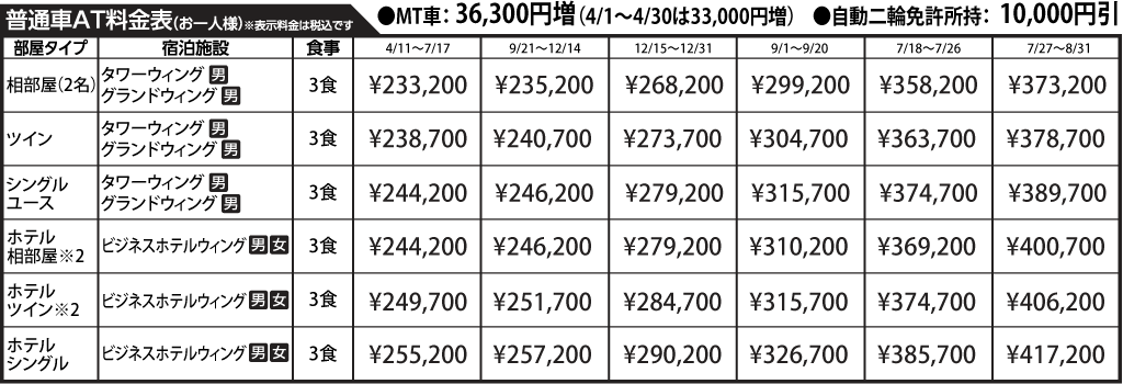 入校月を決めてない方へ 教習料金を一覧で見る