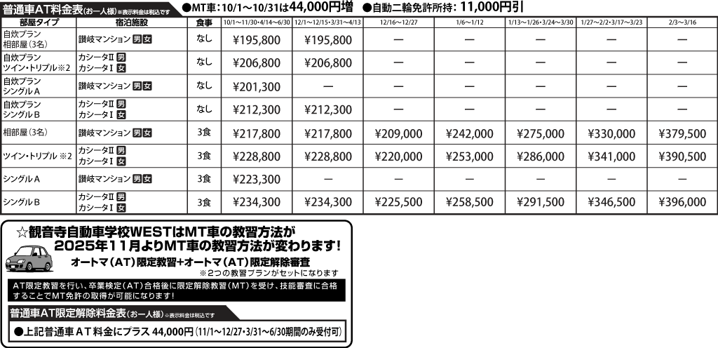 入校月を決めてない方へ 教習料金を一覧で見る